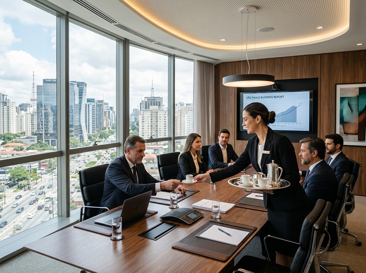 Copeira corporativa preparando café para reunião em empresa em São Paulo